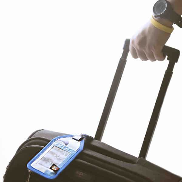 XSProject luggage tag on a suitcase